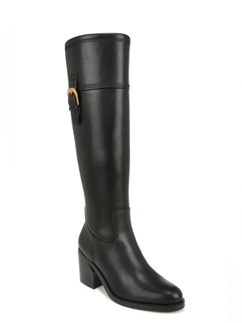Franco Sarto “Adabella” Black Over-the-Knee Leather Block Heel Boot with Buckle